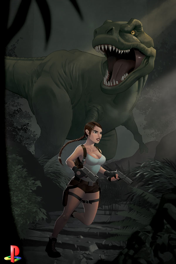 Tomb Raider T-Rex Fight Playstation Tribute Art on Game-Art-HQ